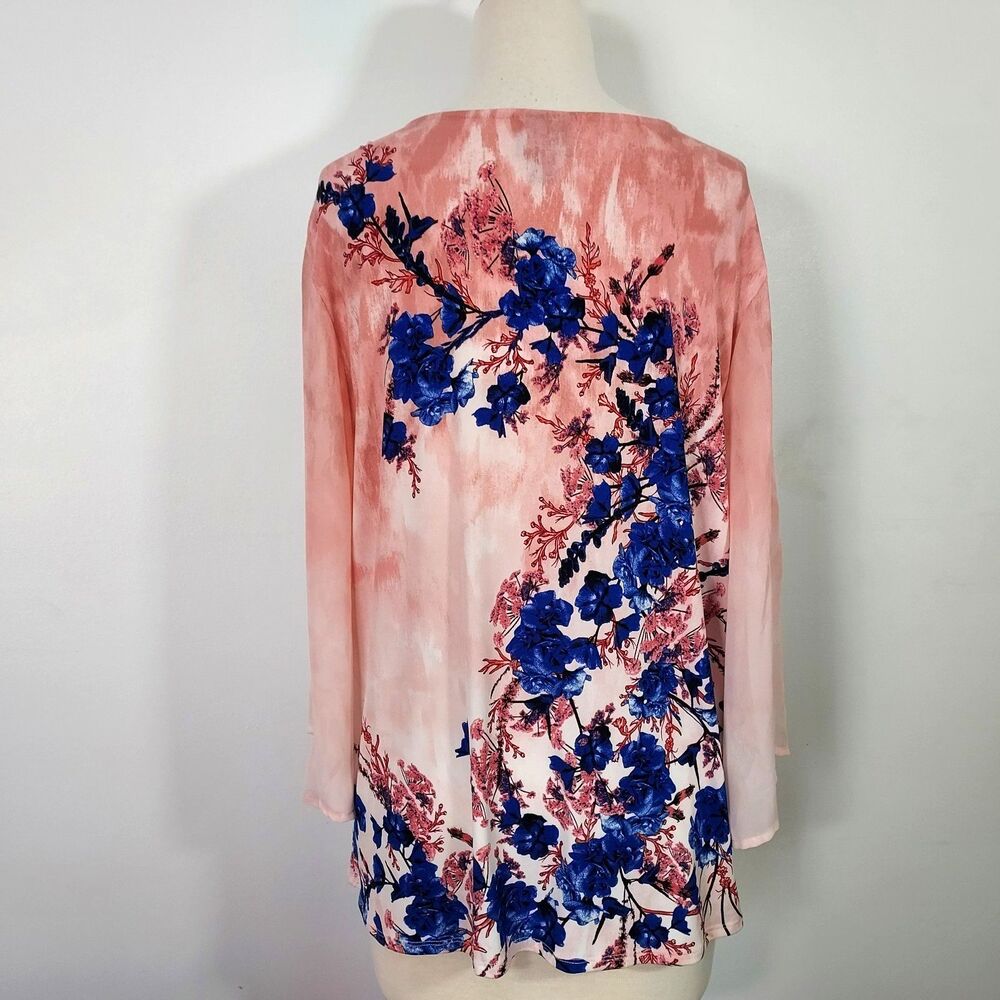 Jm Collection Tunic Top Women size XL Key Hole Neck Chiffon Sheer Sleeve Floral - Picture 7 of 13